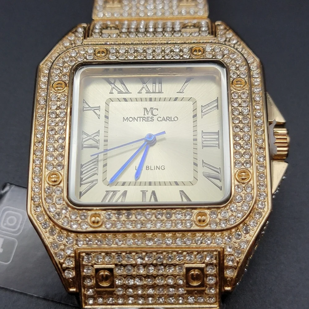 Men’s Gold Tone Iced Out Pavé MC Montres Carlo Bling Watch – Roman Numerals 45mm